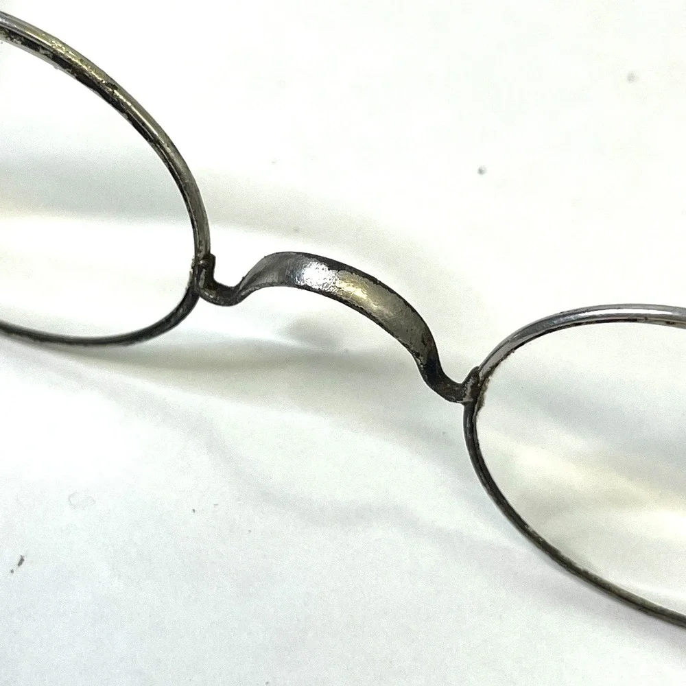 Antique Silver-Tone Oval Eyeglasses w Original Leather Sleeve Granny Glasses VTG